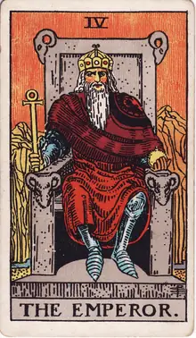 The Emperor tarot card from the Rider-Waite-Smith deck: a bearded ruler on a stone throne carved with rams' heads, an ankh sceptre in his hand.