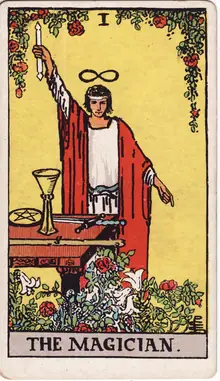 The Magician tarot card from the Rider-Waite-Smith deck: a robed figure with one arm raised to the sky, a wand, cup, sword and pentacle on the table before him.