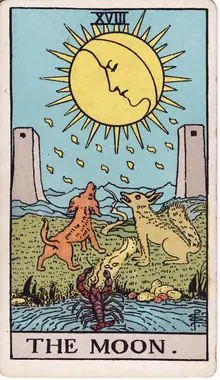 The Moon tarot card from the Rider-Waite-Smith deck: a face in the moon above two towers, a dog and a wolf howling and a crayfish crawling from the pool.