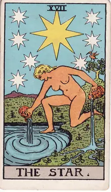 The Star tarot card from the Rider-Waite-Smith deck: a naked woman kneeling at a pool, pouring water onto the land and into the water, eight stars above her.