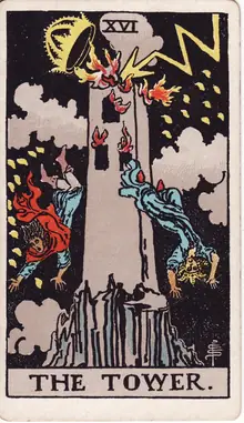 The Tower tarot card from the Rider-Waite-Smith deck: lightning striking the crown from a tall tower as two figures fall headfirst from its windows.
