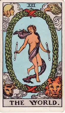 The World tarot card from the Rider-Waite-Smith deck: a dancing figure wreathed in laurel, with an angel, eagle, bull and lion at the four corners.