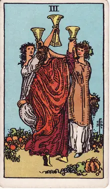 Three of Cups tarot card from the Rider-Waite-Smith deck: three women raising their cups together in a circle amid the harvest.