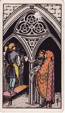 Three of Pentacles tarot card from the Rider-Waite-Smith deck: a sculptor at work in a cathedral while a monk and a noble review the plans.