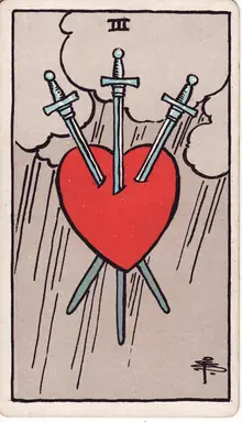 Three of Swords tarot card from the Rider-Waite-Smith deck: a red heart pierced by three swords beneath heavy rain clouds.