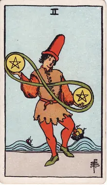 Two of Pentacles tarot card from the Rider-Waite-Smith deck: a young man dancing as he juggles two pentacles bound by an infinity loop, ships on the swell behind.