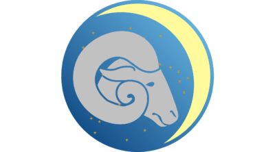 image of sheep head in a blue starry sky with crescent moon