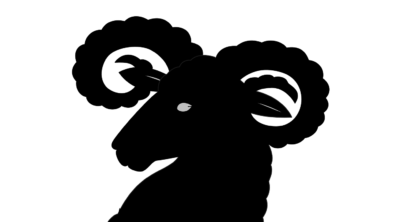 silhouette of a ghost head with curly horns and pointed ears