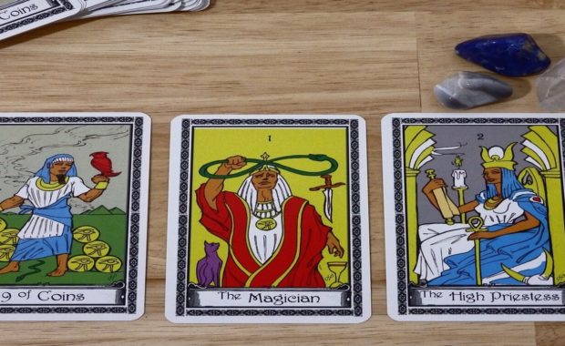 3 cards laying on wooden table - the 9 of coins, the magician, and the priestess